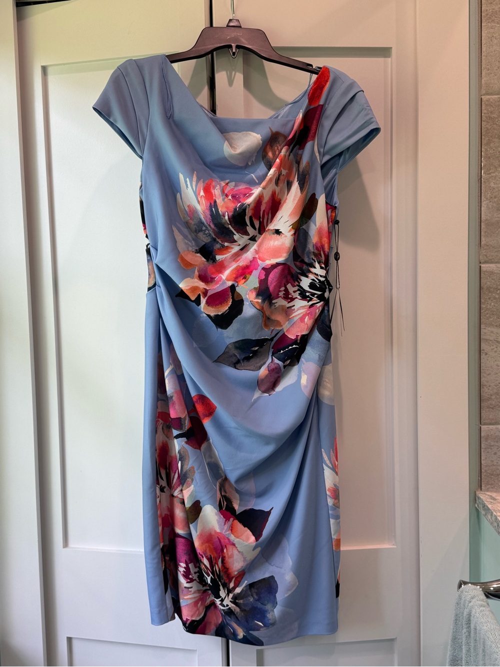 Adrianna Papell Light Blue Floral Draped Midi Dress